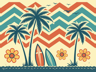 Obraz premium Retro summer beach scene with palm trees, surfboards, and flowers background
