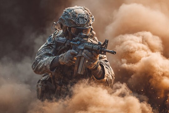 Soldier in tactical gear, crouching in a cloud of dust, aiming a rifle with focused determination, embodying strength and resilience in a combat environment