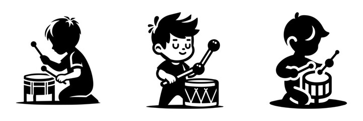 Modern Minimalist Boy Playing With A Toy Drum Icon, Flat Silhouette of a Child Vector for Music Illustration Design