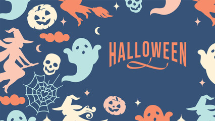 Horizontal Halloween banner with ghosts, witches, pumpkins and spooky greeting. Retro 1920x1080 design ideal for greetings, party invitations, digital backgrounds and web decor. © Vigurskaia Sofiya