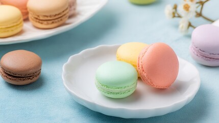 Colorful French macarons on white plate close-up

