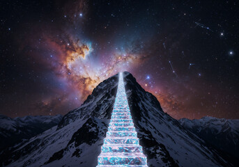 Glowing stairs ascend a mountain under a starry nebula providing a surreal inspiring vista