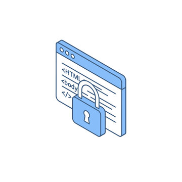 Isometric illustration of a secure website with a padlock on the HTML code.