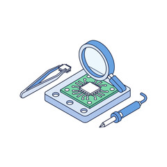 Isometric view of a microchip, soldering iron, tweezers, and magnifying glass.
