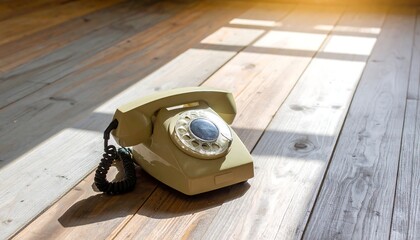 Retro phone sits on wooden floor, sunlit