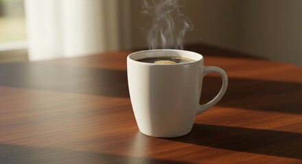 Fototapeta premium Cozy Morning Atmosphere Featuring a Hot Cup of Coffee with Rising Steam Placed on a Natural Oak Surface Near a Sunlit Window Frame