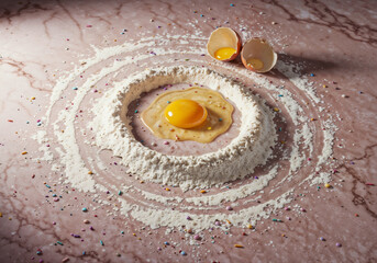 Raw egg sits amid flour and sprinkles Baking prep underway Food photography shows ingredients arranged on a pink surface