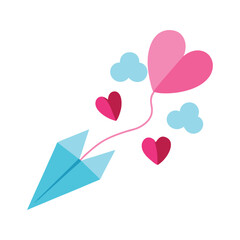 Paper airplane with heart balloon for love concept