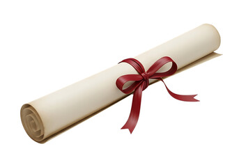 Rolled diploma with red ribbon isolated on transparent background for graduation concept