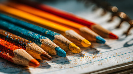 Close-up of several colored pencils on a notebook.