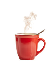 Red mug with hot drink and spoon isolated on transparent background, beverage