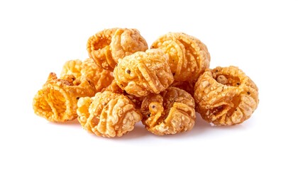 A small pile of light brown popcorn kernels sits on a white background
