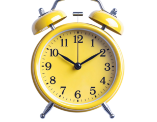 Top-Down Perspective of Yellow Alarm Clock with Bells, Emphasizing Round Shape, Isolated on Transparent Background PNG