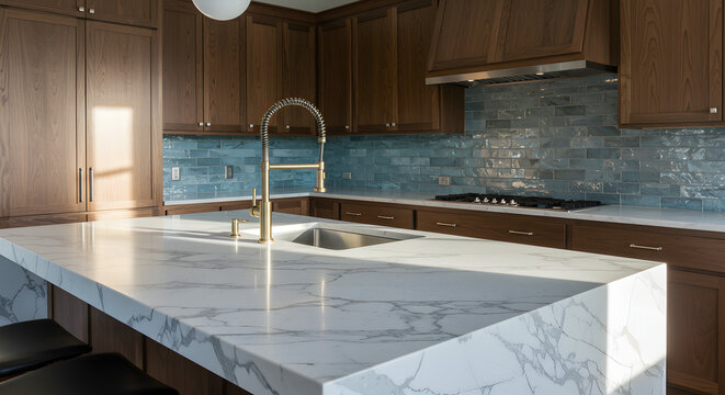 Modern Kitchen Interior with Marble Island and Blue Subway Tile Backsplash
