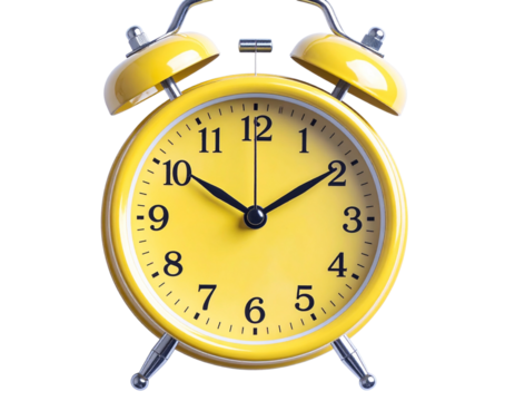 Top-Down Perspective of Yellow Alarm Clock with Bells, Emphasizing Round Shape, Isolated on Transparent Background PNG