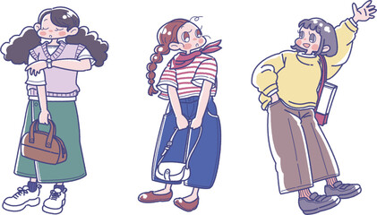 お出かけスタイルの3人の女の子のイラスト