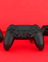Black game controllers on red background
