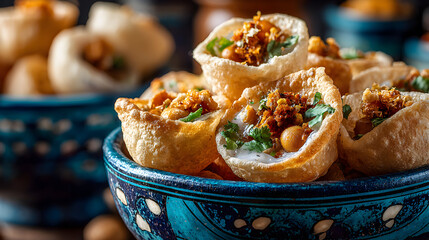 Close-up of several filled pastry cups in a blue bowl