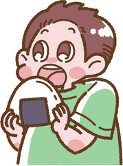 大きく口を開けておにぎりを食べようとしている男の子のイラスト