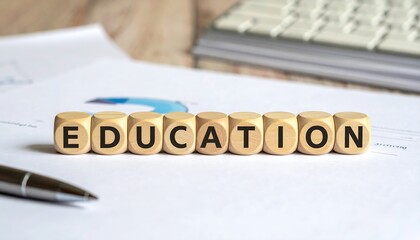 Wooden cubes spelling out the word "EDUCATION" on a desk
