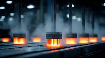 Close-up of several glowing orange industrial components on a conveyor belt in a factory.