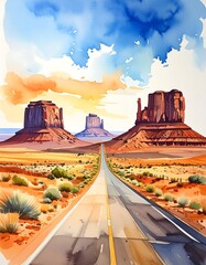 Scenic road cuts through desert landscape, majestic rock formations in the distance under a vibrant sky