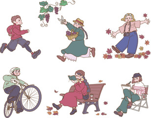 秋の遊びや生活を楽しむ女の子と男の子のイラストセット
