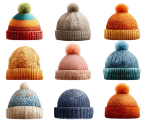 Collection of nine knitted winter hats with pompoms, each in a different color and pattern, isolated on transparent background