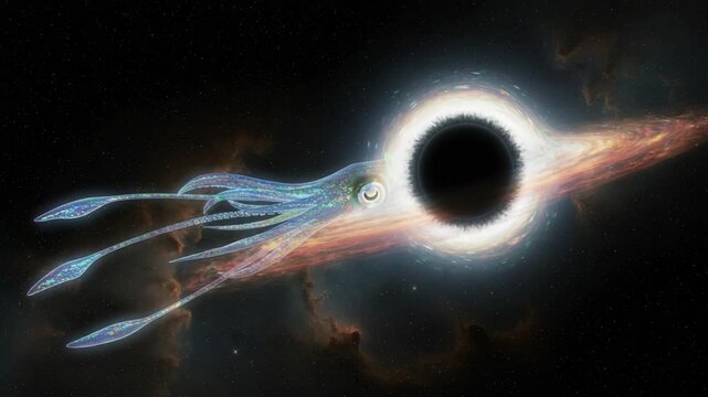Colorful squid exploring a black hole in space