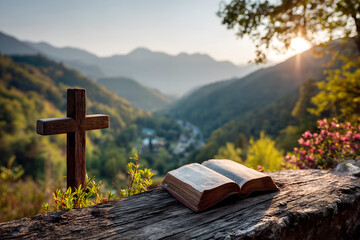 Bible and Wooden Cross Overlooking a Peaceful Mountain Valley at Sunset