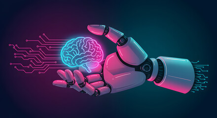 A robotic cyborg hand holding a glowing digital brain, representing the future of artificial intelligence and machine learning technology