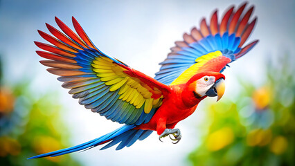 Obraz premium Colorful macaw parrot flying in the sky