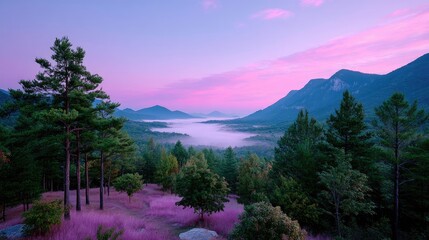 Voxel Art Mountain Valley Landscape with Pink Sky and Green Trees Pixelated Peaceful Scenery Digital Art Style Forest View