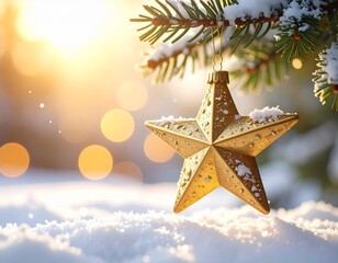 A close-up, soft-focus shot of a delicate, gold star-shaped ornament hanging on a snow-dusted Christmas tree branch, with warm, blurry bokeh lights creating a magical background