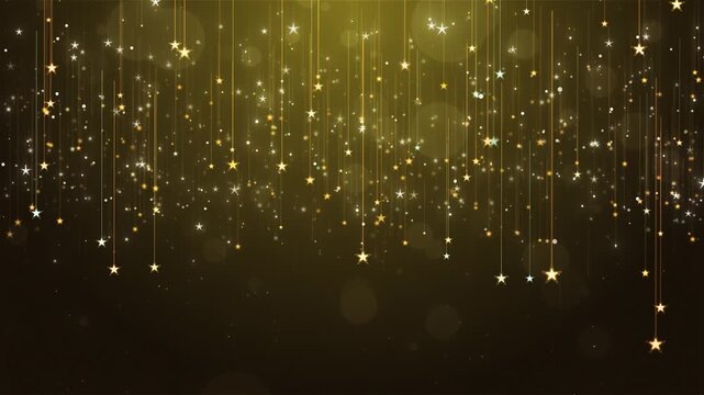 Shimmering golden stars fall like rain, sparkling bokeh lights. for use of celebration, festival, award ceremony, background design, event visuals, luxury themes, magical moments, or greeting intros.