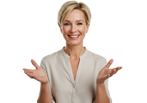 Smiling woman with short blonde hair gesturing openly towards the viewer transparent background - Powered by Adobe
