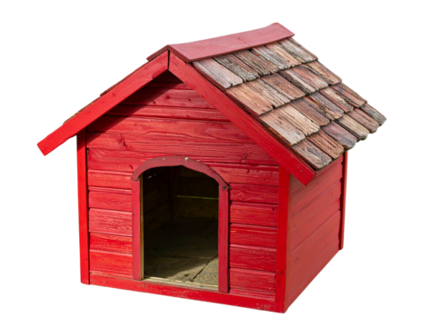 Top-Down Perspective of Red Wooden Dog House with Roof, isolated on transparent background PNG