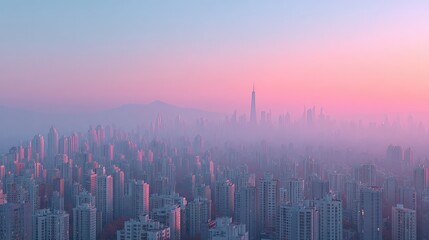 Fototapeta premium Voxelated Futuristic Cityscape at Sunset with Pink and Blue Sky and Distant Mountain Range in Cinematic HDR, Cyberpunk Architecture Dominated by Tall Skyscraper