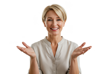 Smiling woman gesturing with open hands towards the viewer in a professional setting transparent background