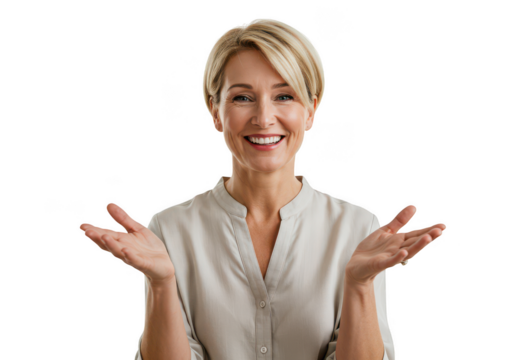 Smiling woman gesturing with open hands towards the viewer in a professional setting transparent background