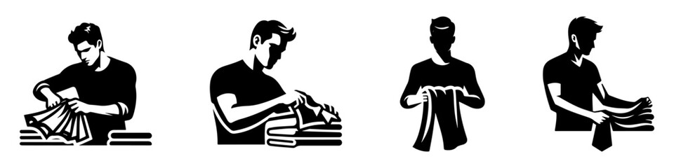 Modern Minimalist Man Folding Clothes Icon, Flat Silhouette of a Parenthood Vector for Home Illustration Design