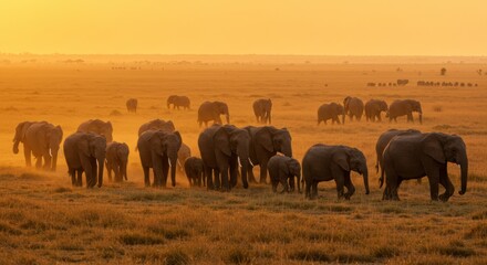 Fototapeta premium Elephants migrating in the golden sunrise serengeti national park wildlife natural habitat wide angle conservation awareness