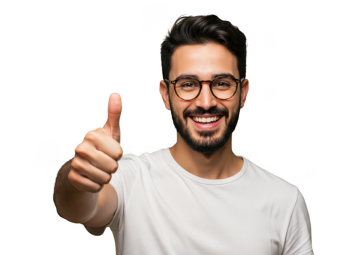 Man with glasses wearing a white t-shirt giving a thumbs up gesture transparent background
