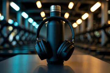 Photo of a matte black metal water bottle and a pair of sleek black headphones rest on the polished wooden floor of a modern gym, symbolizing fitness and focused training