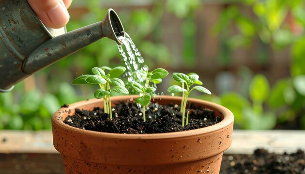 Watering young plants in terracotta pot