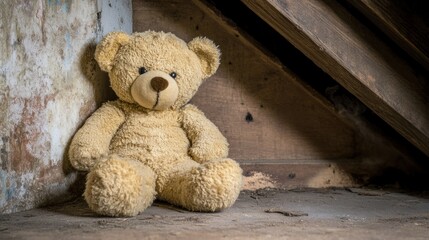 Old teddy bear in a dusty attic