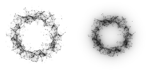 Set of halftone ring frames created from a chaotic grid of particles, dots, and lines. Monochrome circular weave of geometric shapes, PNG, perfect for logos, advertising, promo, presentations, tech 