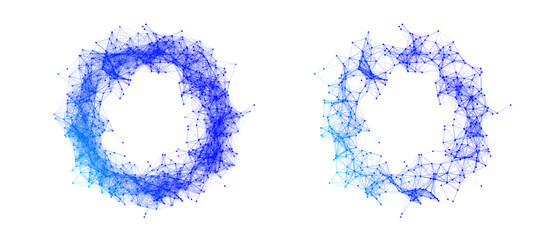 Set of blue ring frames created from a chaotic grid of particles, dots, and lines. Circular weave of geometric shapes, PNG format, perfect for logos, advertising, promotions, presentations, and tech 