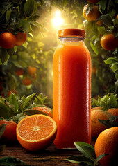 A vibrant glass bottle of orange juice stands among lush orange trees, with sunlight filtering through the leaves, illuminating the juicy oranges and creating a warm glow.