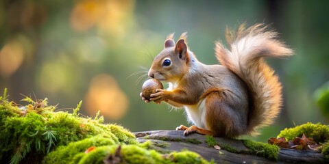 Obraz premium A charming squirrel perched on a mossy branch, delicately holding a nut in its paws, its bushy tail and bright eyes capturing the essence of woodland life